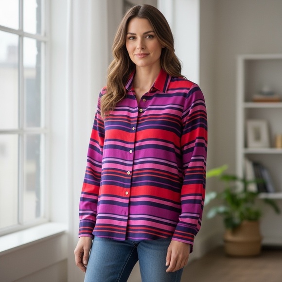 C Wonder stripped silk button down dress top size M, Red, Purple, Blue, Pink. - Picture 1 of 16